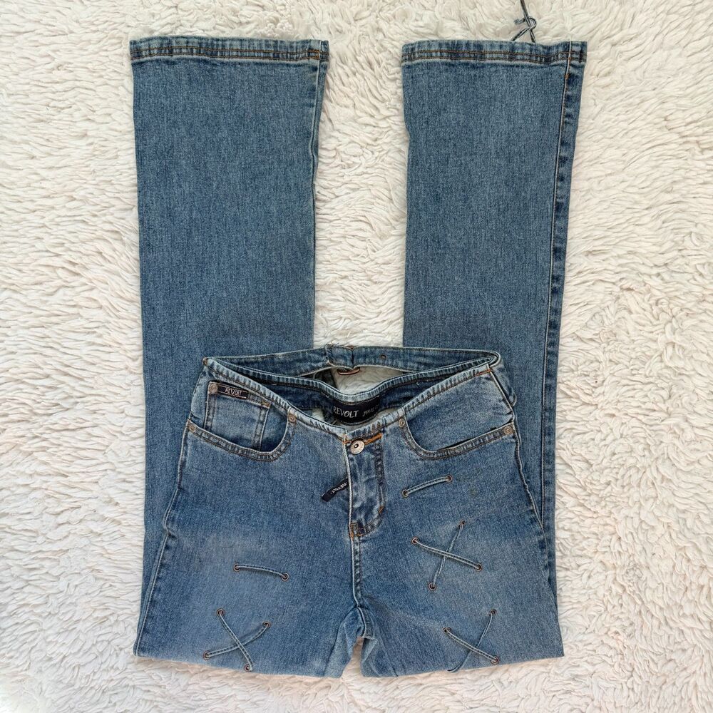 Y2K Low Rise Wide Leg Lace Up Detail Denim Jeans 2000s Streetwear Open Back 3/4